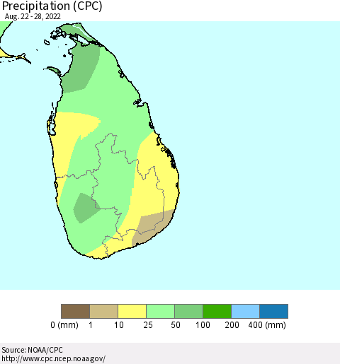 Sri Lanka Precipitation (CPC) Thematic Map For 8/22/2022 - 8/28/2022