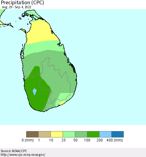 Sri Lanka Precipitation (CPC) Thematic Map For 8/29/2022 - 9/4/2022