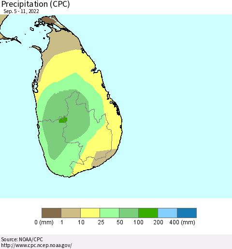 Sri Lanka Precipitation (CPC) Thematic Map For 9/5/2022 - 9/11/2022