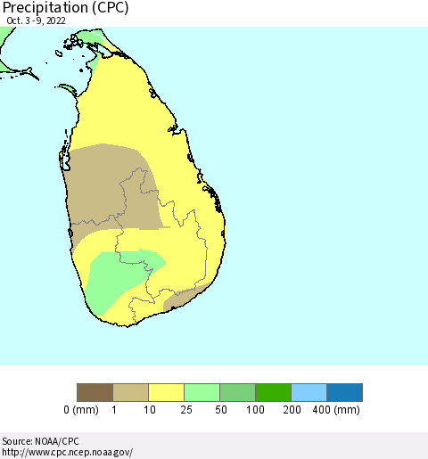Sri Lanka Precipitation (CPC) Thematic Map For 10/3/2022 - 10/9/2022