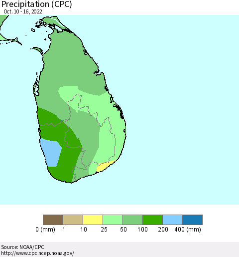 Sri Lanka Precipitation (CPC) Thematic Map For 10/10/2022 - 10/16/2022
