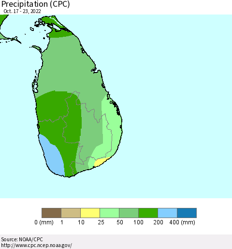 Sri Lanka Precipitation (CPC) Thematic Map For 10/17/2022 - 10/23/2022