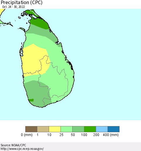 Sri Lanka Precipitation (CPC) Thematic Map For 10/24/2022 - 10/30/2022