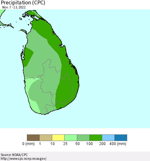 Sri Lanka Precipitation (CPC) Thematic Map For 11/7/2022 - 11/13/2022
