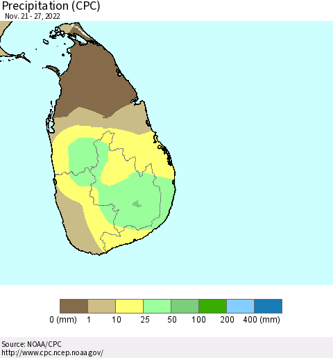 Sri Lanka Precipitation (CPC) Thematic Map For 11/21/2022 - 11/27/2022