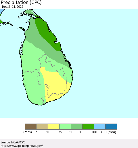 Sri Lanka Precipitation (CPC) Thematic Map For 12/5/2022 - 12/11/2022