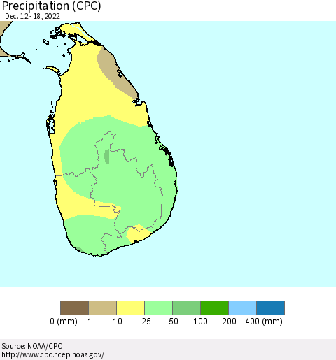 Sri Lanka Precipitation (CPC) Thematic Map For 12/12/2022 - 12/18/2022