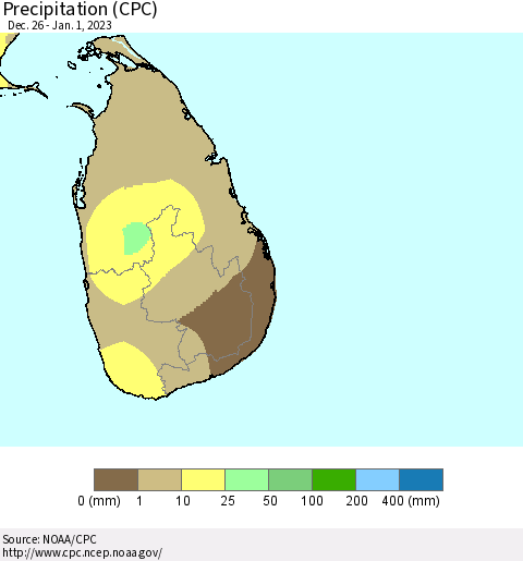 Sri Lanka Precipitation (CPC) Thematic Map For 12/26/2022 - 1/1/2023
