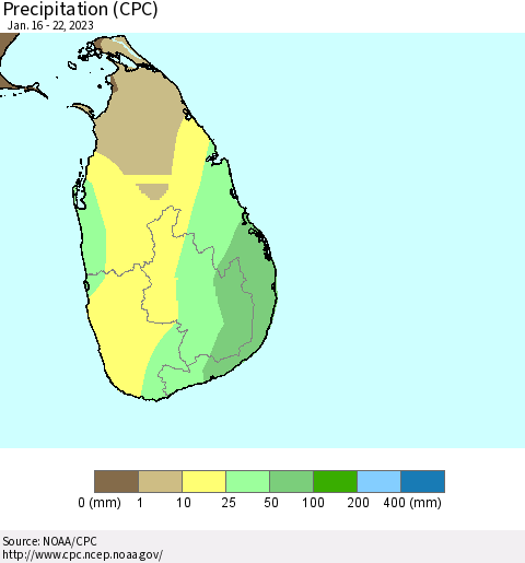 Sri Lanka Precipitation (CPC) Thematic Map For 1/16/2023 - 1/22/2023