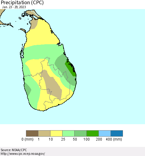 Sri Lanka Precipitation (CPC) Thematic Map For 1/23/2023 - 1/29/2023