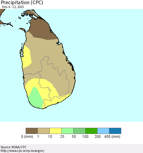 Sri Lanka Precipitation (CPC) Thematic Map For 2/6/2023 - 2/12/2023