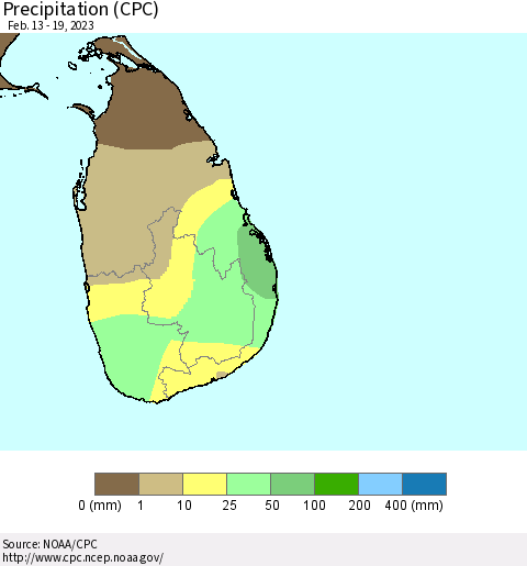 Sri Lanka Precipitation (CPC) Thematic Map For 2/13/2023 - 2/19/2023