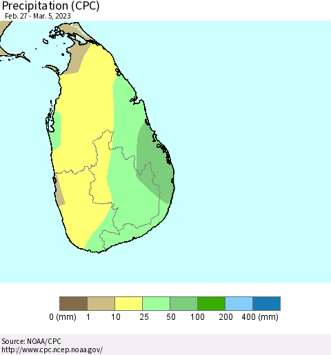 Sri Lanka Precipitation (CPC) Thematic Map For 2/27/2023 - 3/5/2023