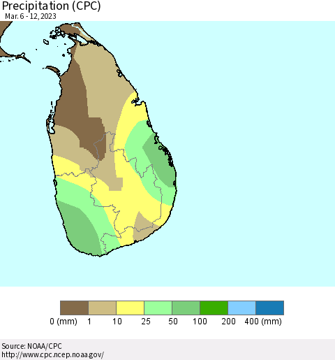 Sri Lanka Precipitation (CPC) Thematic Map For 3/6/2023 - 3/12/2023
