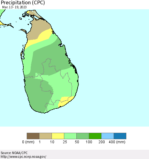 Sri Lanka Precipitation (CPC) Thematic Map For 3/13/2023 - 3/19/2023