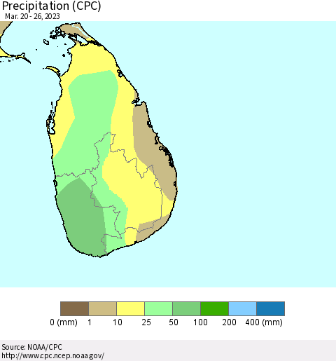 Sri Lanka Precipitation (CPC) Thematic Map For 3/20/2023 - 3/26/2023