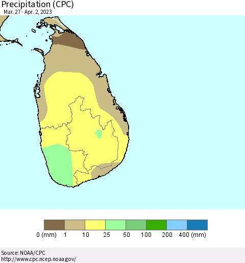 Sri Lanka Precipitation (CPC) Thematic Map For 3/27/2023 - 4/2/2023