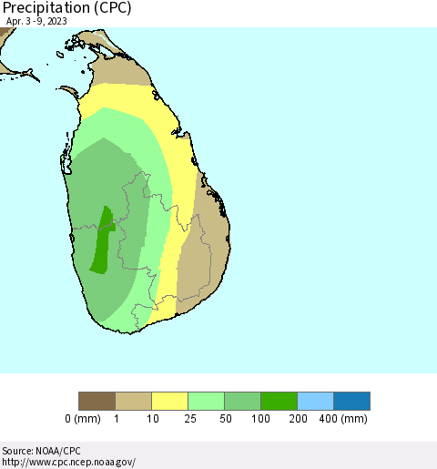 Sri Lanka Precipitation (CPC) Thematic Map For 4/3/2023 - 4/9/2023