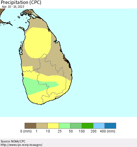 Sri Lanka Precipitation (CPC) Thematic Map For 4/10/2023 - 4/16/2023