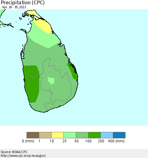 Sri Lanka Precipitation (CPC) Thematic Map For 4/24/2023 - 4/30/2023