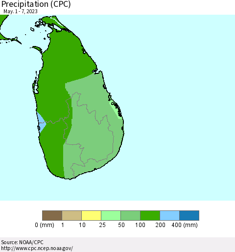 Sri Lanka Precipitation (CPC) Thematic Map For 5/1/2023 - 5/7/2023