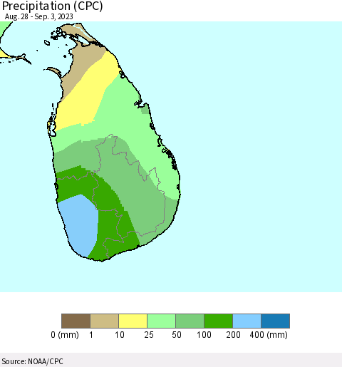 Sri Lanka Precipitation (CPC) Thematic Map For 8/28/2023 - 9/3/2023
