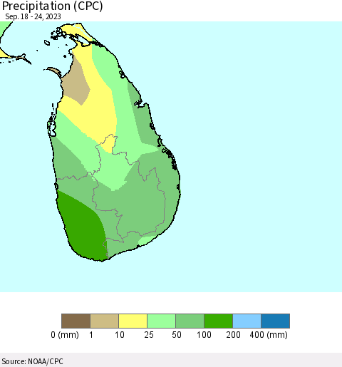 Sri Lanka Precipitation (CPC) Thematic Map For 9/18/2023 - 9/24/2023