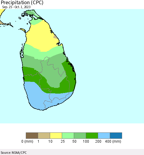 Sri Lanka Precipitation (CPC) Thematic Map For 9/25/2023 - 10/1/2023