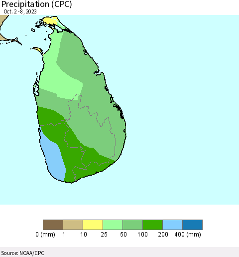 Sri Lanka Precipitation (CPC) Thematic Map For 10/2/2023 - 10/8/2023