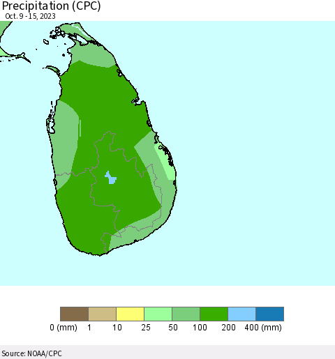 Sri Lanka Precipitation (CPC) Thematic Map For 10/9/2023 - 10/15/2023