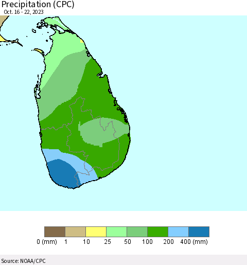 Sri Lanka Precipitation (CPC) Thematic Map For 10/16/2023 - 10/22/2023