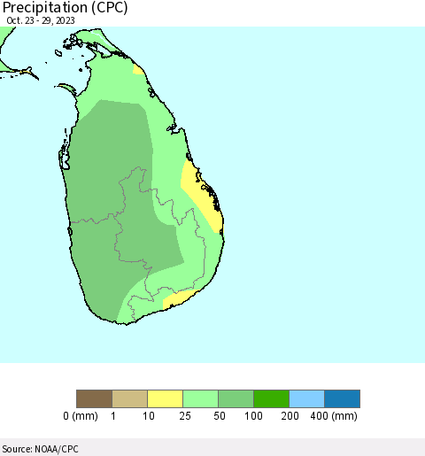 Sri Lanka Precipitation (CPC) Thematic Map For 10/23/2023 - 10/29/2023