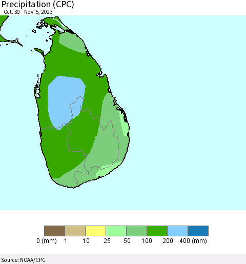 Sri Lanka Precipitation (CPC) Thematic Map For 10/30/2023 - 11/5/2023