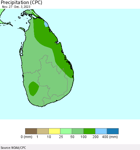 Sri Lanka Precipitation (CPC) Thematic Map For 11/27/2023 - 12/3/2023