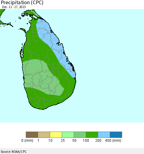 Sri Lanka Precipitation (CPC) Thematic Map For 12/11/2023 - 12/17/2023