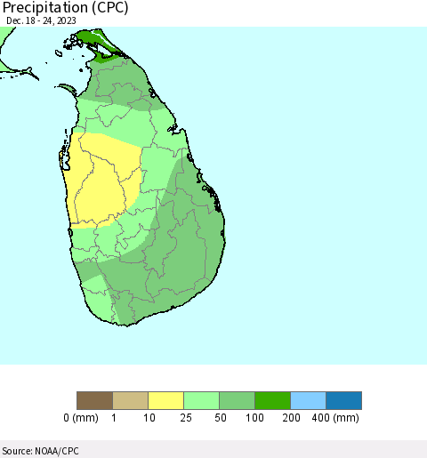 Sri Lanka Precipitation (CPC) Thematic Map For 12/18/2023 - 12/24/2023