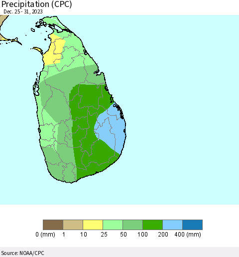 Sri Lanka Precipitation (CPC) Thematic Map For 12/25/2023 - 12/31/2023