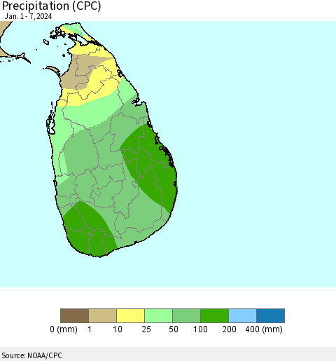 Sri Lanka Precipitation (CPC) Thematic Map For 1/1/2024 - 1/7/2024