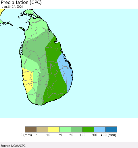 Sri Lanka Precipitation (CPC) Thematic Map For 1/8/2024 - 1/14/2024