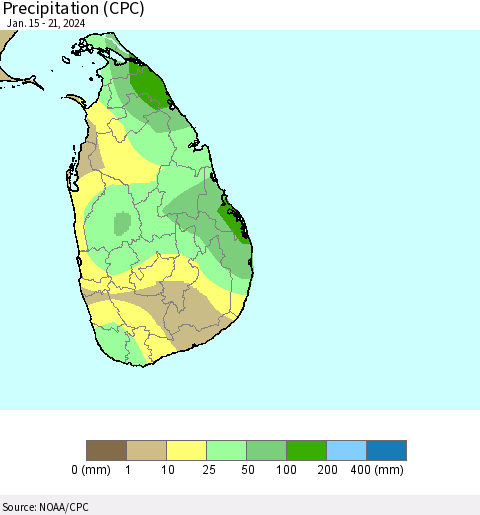 Sri Lanka Precipitation (CPC) Thematic Map For 1/15/2024 - 1/21/2024
