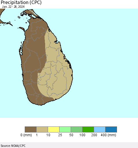 Sri Lanka Precipitation (CPC) Thematic Map For 1/22/2024 - 1/28/2024