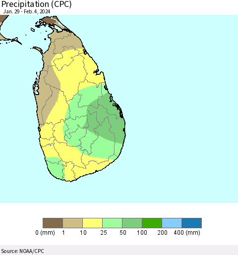 Sri Lanka Precipitation (CPC) Thematic Map For 1/29/2024 - 2/4/2024