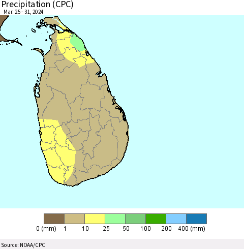 Sri Lanka Precipitation (CPC) Thematic Map For 3/25/2024 - 3/31/2024