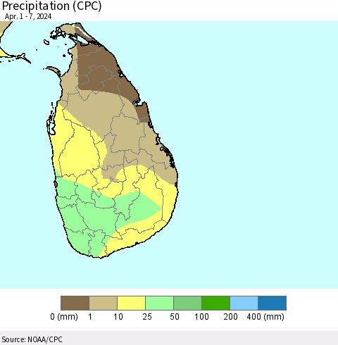 Sri Lanka Precipitation (CPC) Thematic Map For 4/1/2024 - 4/7/2024