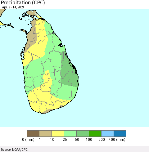 Sri Lanka Precipitation (CPC) Thematic Map For 4/8/2024 - 4/14/2024