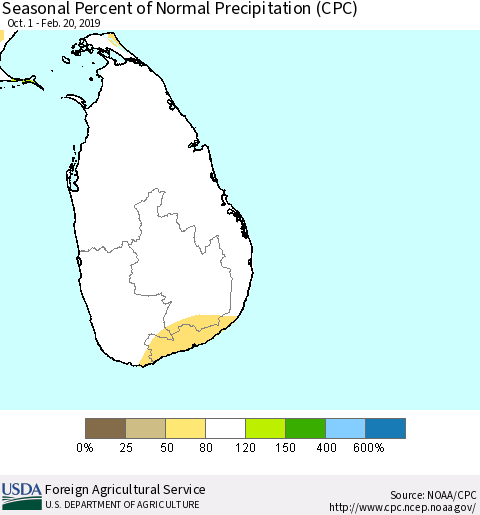 Sri Lanka Seasonal Percent of Normal Precipitation (CPC) Thematic Map For 10/1/2018 - 2/20/2019