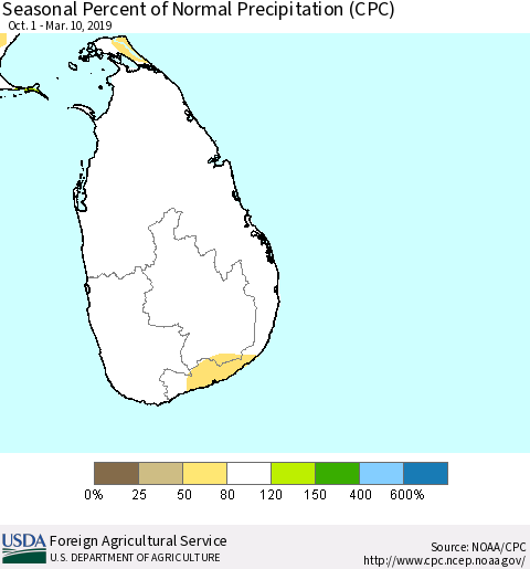 Sri Lanka Seasonal Percent of Normal Precipitation (CPC) Thematic Map For 10/1/2018 - 3/10/2019