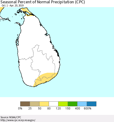 Sri Lanka Seasonal Percent of Normal Precipitation (CPC) Thematic Map For 10/1/2018 - 4/20/2019
