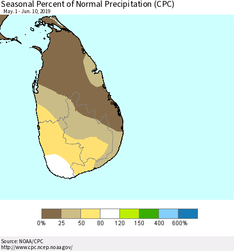 Sri Lanka Seasonal Percent of Normal Precipitation (CPC) Thematic Map For 5/1/2019 - 6/10/2019