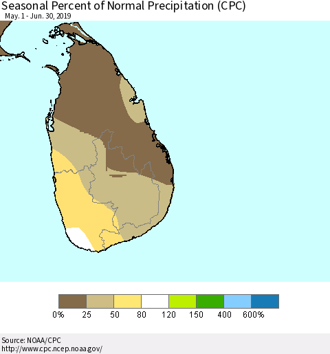 Sri Lanka Seasonal Percent of Normal Precipitation (CPC) Thematic Map For 5/1/2019 - 6/30/2019